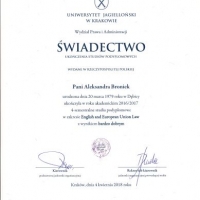 Świadectwo ukończenia studiów podyplomowych - Wydział Prawa i Administracji Uniwersytetu Jagiellońskiego - 2018
